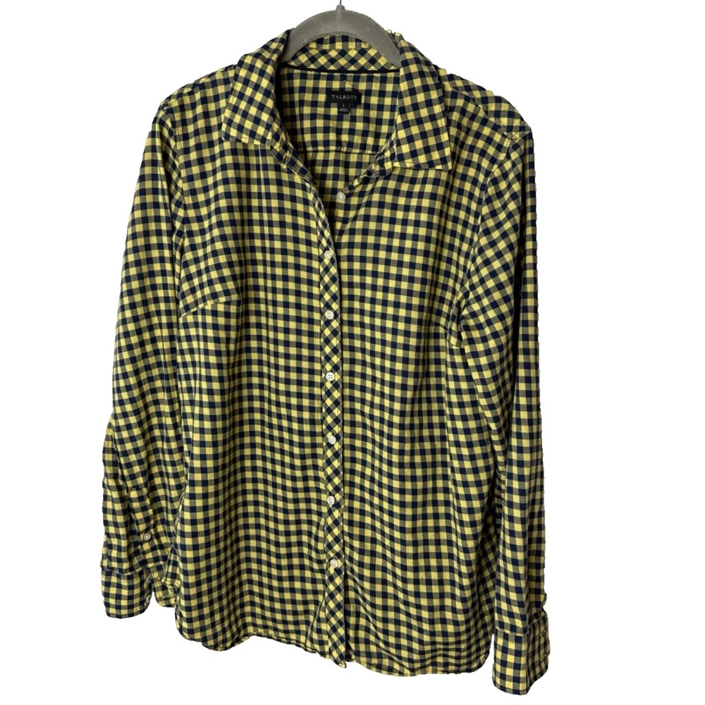 Talbots Shirt Size Large Top Blouse Long Sleeves Navy Yellow Plaid Cotton Casual